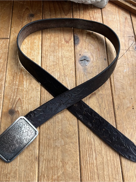 Fossil Black Tooled Leather Belt with Engraved Buckle main image 7